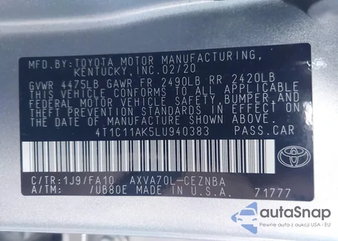2020 Toyota Camry Le z USA, uszkodzony, nr VIN 4T1C11AK5LU940383